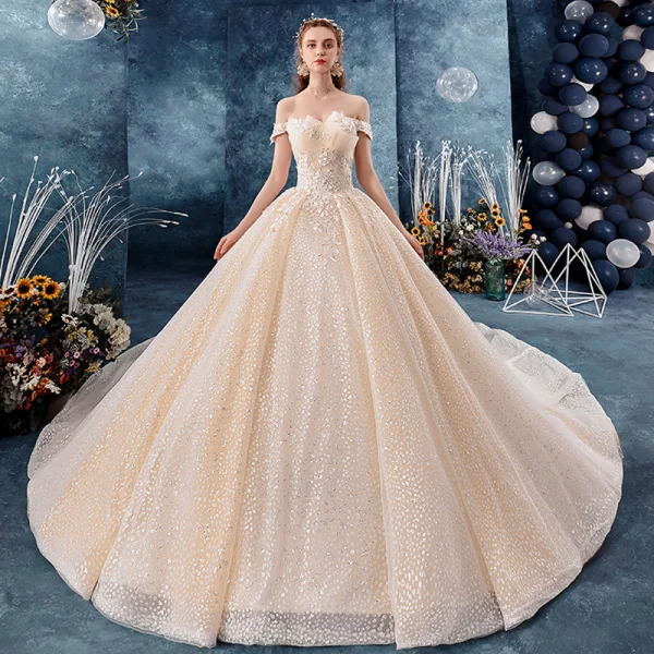 Sparkly Champagne Wedding Dresses 2019 Ball Gown Off-The-Shoulder Short Sleeve Backless Glitter Tulle Appliques Lace Beading Royal Train Ruffle