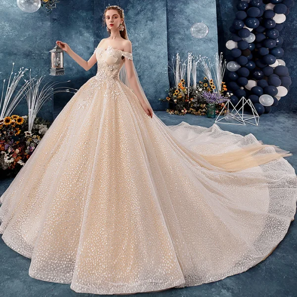 Sparkly Champagne Wedding Dresses 2019 Ball Gown Off-The-Shoulder Short Sleeve Backless Glitter Tulle Appliques Lace Beading Royal Train Ruffle