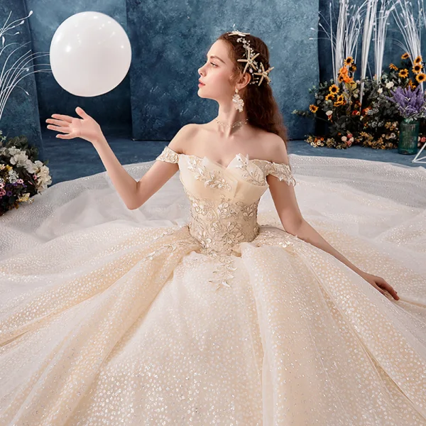 Sparkly Champagne Wedding Dresses 2019 Ball Gown Off-The-Shoulder Short Sleeve Backless Glitter Tulle Appliques Lace Beading Royal Train Ruffle