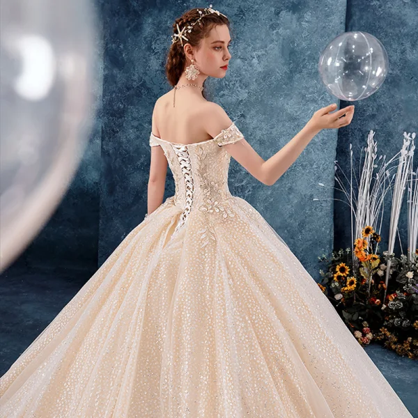 Sparkly Champagne Wedding Dresses 2019 Ball Gown Off-The-Shoulder Short Sleeve Backless Glitter Tulle Appliques Lace Beading Royal Train Ruffle