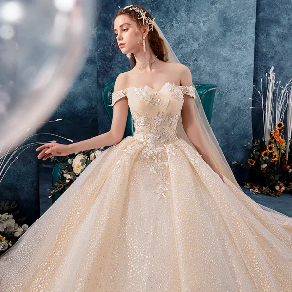 Sparkly Champagne Wedding Dresses 2019 Ball Gown Off-The-Shoulder Short Sleeve Backless Glitter Tulle Appliques Lace Beading Royal Train Ruffle