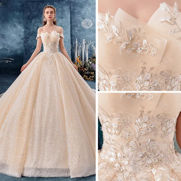 Sparkly Champagne Wedding Dresses 2019 Ball Gown Off-The-Shoulder Short Sleeve Backless Glitter Tulle Appliques Lace Beading Royal Train Ruffle