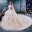 Schöne Champagner Brautkleider / Hochzeitskleider 2019 Ballkleid Off Shoulder Kurze Ärmel Rückenfreies Glanz Tülle Applikationen Spitze Perlenstickerei Kathedrale Schleppe Fallende Rüsche
