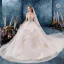 Schöne Champagner Brautkleider / Hochzeitskleider 2019 Ballkleid Off Shoulder Kurze Ärmel Rückenfreies Glanz Tülle Applikationen Spitze Perlenstickerei Kathedrale Schleppe Fallende Rüsche