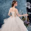 Schöne Champagner Brautkleider / Hochzeitskleider 2019 Ballkleid Off Shoulder Kurze Ärmel Rückenfreies Glanz Tülle Applikationen Spitze Perlenstickerei Kathedrale Schleppe Fallende Rüsche