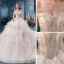 Schöne Champagner Brautkleider / Hochzeitskleider 2019 Ballkleid Off Shoulder Kurze Ärmel Rückenfreies Glanz Tülle Applikationen Spitze Perlenstickerei Kathedrale Schleppe Fallende Rüsche