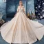 Best Champagne Wedding Dresses 2019 Ball Gown Spaghetti Straps Off-The-Shoulder Short Sleeve Backless Glitter Tulle Appliques Lace Beading Royal Train Ruffle