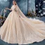 Best Champagne Wedding Dresses 2019 Ball Gown Spaghetti Straps Off-The-Shoulder Short Sleeve Backless Glitter Tulle Appliques Lace Beading Royal Train Ruffle