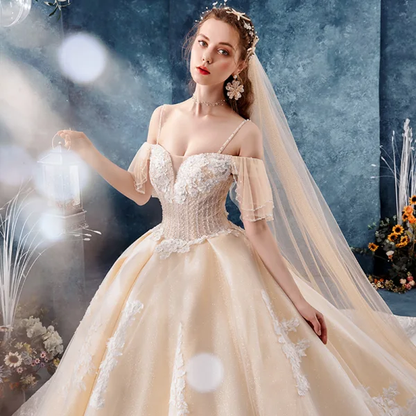 Best Champagne Wedding Dresses 2019 Ball Gown Spaghetti Straps Off-The-Shoulder Short Sleeve Backless Glitter Tulle Appliques Lace Beading Royal Train Ruffle