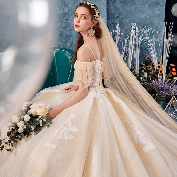 Best Champagne Wedding Dresses 2019 Ball Gown Spaghetti Straps Off-The-Shoulder Short Sleeve Backless Glitter Tulle Appliques Lace Beading Royal Train Ruffle