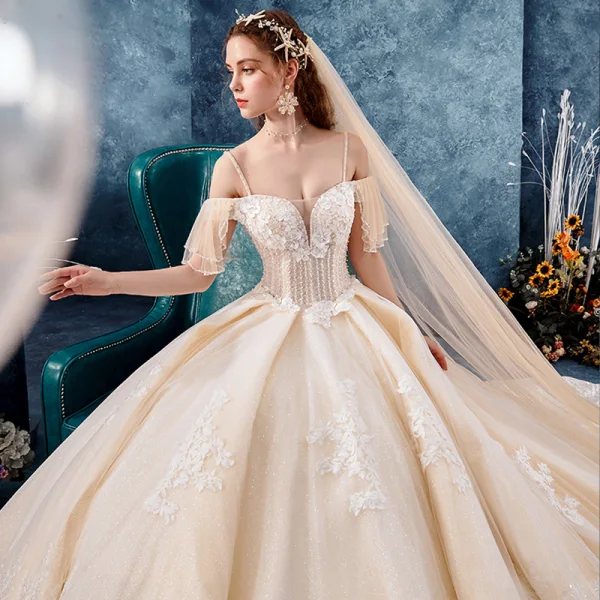 Best Champagne Wedding Dresses 2019 Ball Gown Spaghetti Straps Off-The-Shoulder Short Sleeve Backless Glitter Tulle Appliques Lace Beading Royal Train Ruffle