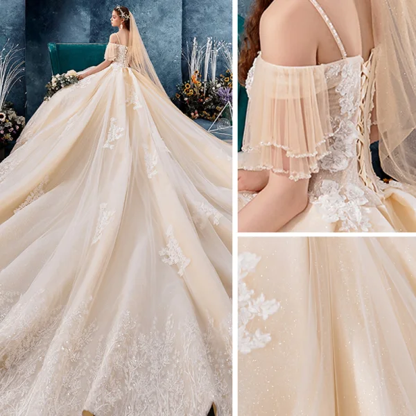 Best Champagne Wedding Dresses 2019 Ball Gown Spaghetti Straps Off-The-Shoulder Short Sleeve Backless Glitter Tulle Appliques Lace Beading Royal Train Ruffle