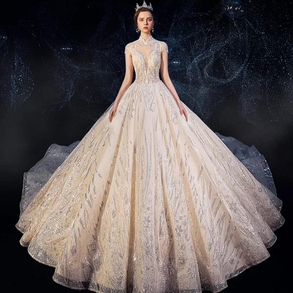 Sparkly Champagne See-through Wedding Dresses 2019 Ball Gown High Neck Cap Sleeves Backless Glitter Sequins Tulle Beading Royal Train Ruffle