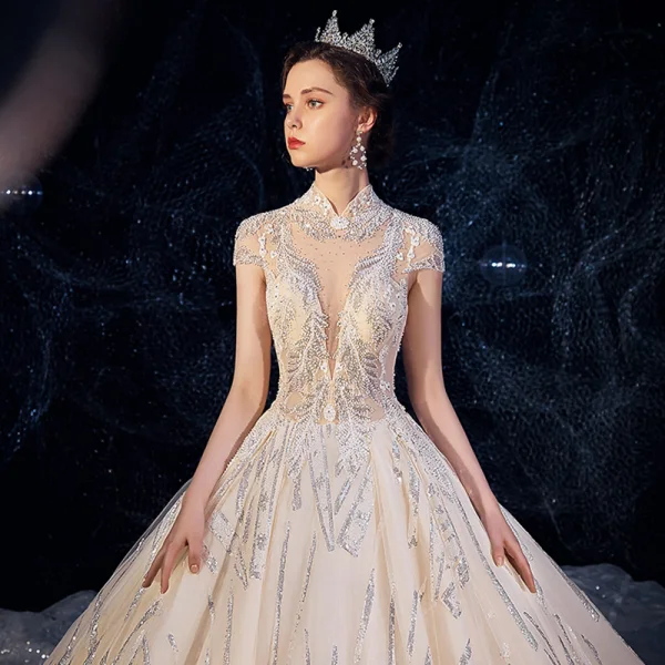 Sparkly Champagne See-through Wedding Dresses 2019 Ball Gown High Neck Cap Sleeves Backless Glitter Sequins Tulle Beading Royal Train Ruffle