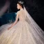 Sparkly Champagne See-through Wedding Dresses 2019 Ball Gown High Neck Cap Sleeves Backless Glitter Sequins Tulle Beading Royal Train Ruffle