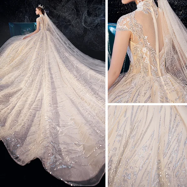 Sparkly Champagne See-through Wedding Dresses 2019 Ball Gown High Neck Cap Sleeves Backless Glitter Sequins Tulle Beading Royal Train Ruffle