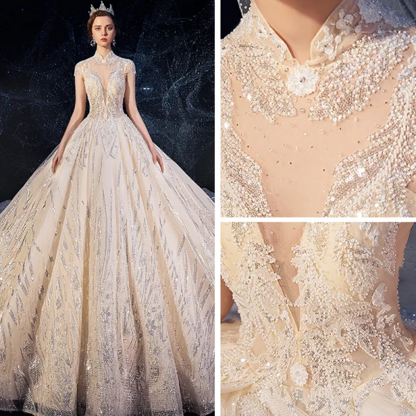 Sparkly Champagne See-through Wedding Dresses 2019 Ball Gown High Neck Cap Sleeves Backless Glitter Sequins Tulle Beading Royal Train Ruffle