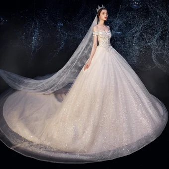Sparkly Champagne Wedding Dresses 2019 Ball Gown Off The Shoulder Short Sleeve Backless Glitter Sequins Tulle Chapel Train Ruffle