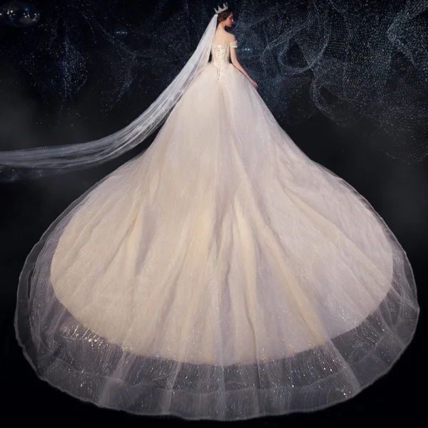 Sparkly Champagne Wedding Dresses 2019 Ball Gown Off-The-Shoulder Short Sleeve Backless Glitter Sequins Tulle Chapel Train Ruffle