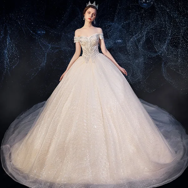 Sparkly Champagne Wedding Dresses 2019 Ball Gown Off-The-Shoulder Short Sleeve Backless Glitter Sequins Tulle Chapel Train Ruffle