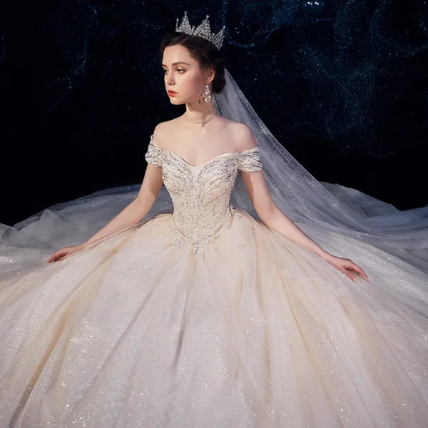 Sparkly Champagne Wedding Dresses 2019 Ball Gown Off-The-Shoulder Short Sleeve Backless Glitter Sequins Tulle Chapel Train Ruffle