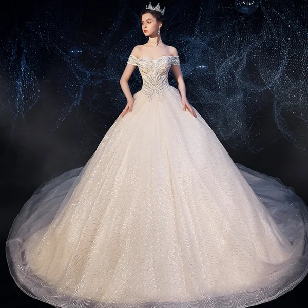 Sparkly Champagne Wedding Dresses 2019 Ball Gown Off-The-Shoulder Short Sleeve Backless Glitter Sequins Tulle Chapel Train Ruffle