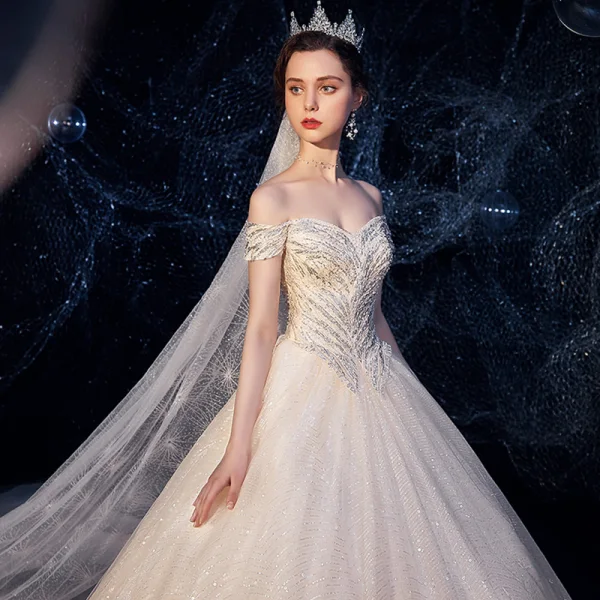 Sparkly Champagne Wedding Dresses 2019 Ball Gown Off-The-Shoulder Short Sleeve Backless Glitter Sequins Tulle Chapel Train Ruffle