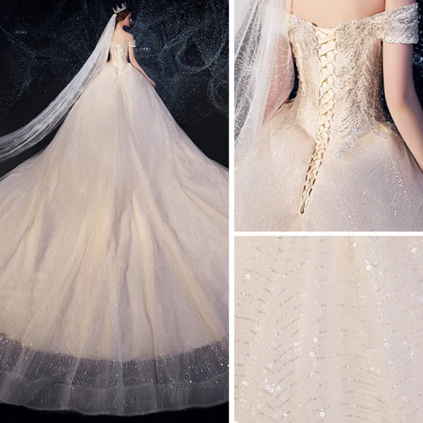 Sparkly Champagne Wedding Dresses 2019 Ball Gown Off-The-Shoulder Short Sleeve Backless Glitter Sequins Tulle Chapel Train Ruffle