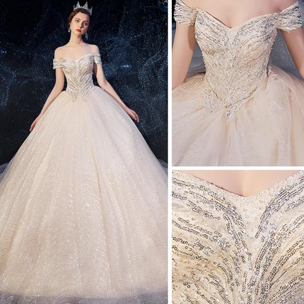 Sparkly Champagne Wedding Dresses 2019 Ball Gown Off-The-Shoulder Short Sleeve Backless Glitter Sequins Tulle Chapel Train Ruffle