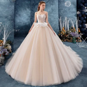 Chic Beautiful Champagne Wedding Dresses 2019 Ball Gown Spaghetti Straps Sleeveless Backless Glitter Tulle Appliques Lace Chapel Train Ruffle