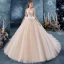 Chic / Beautiful Champagne Wedding Dresses 2019 Ball Gown Spaghetti Straps Sleeveless Backless Glitter Tulle Appliques Lace Chapel Train Ruffle