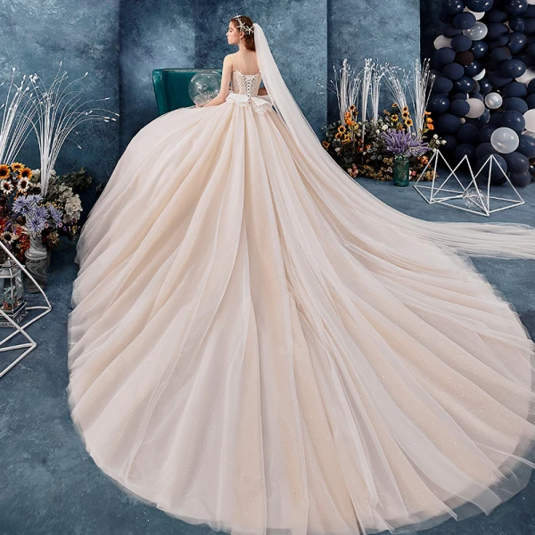 Chic / Beautiful Champagne Wedding Dresses 2019 Ball Gown Spaghetti Straps Sleeveless Backless Glitter Tulle Appliques Lace Chapel Train Ruffle