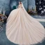 Chic / Beautiful Champagne Wedding Dresses 2019 Ball Gown Spaghetti Straps Sleeveless Backless Glitter Tulle Appliques Lace Chapel Train Ruffle