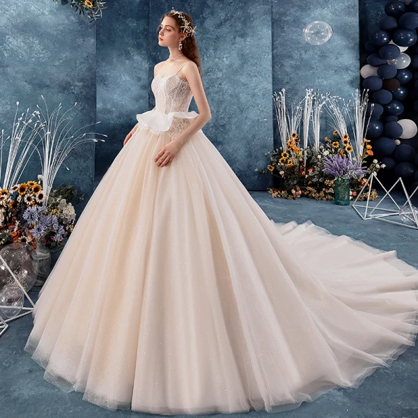 Chic / Beautiful Champagne Wedding Dresses 2019 Ball Gown Spaghetti Straps Sleeveless Backless Glitter Tulle Appliques Lace Chapel Train Ruffle