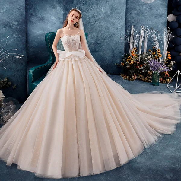Chic / Beautiful Champagne Wedding Dresses 2019 Ball Gown Spaghetti Straps Sleeveless Backless Glitter Tulle Appliques Lace Chapel Train Ruffle