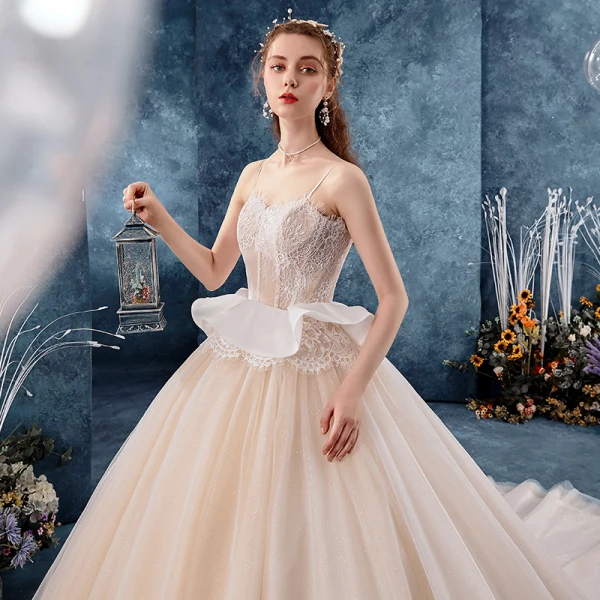 Chic / Beautiful Champagne Wedding Dresses 2019 Ball Gown Spaghetti Straps Sleeveless Backless Glitter Tulle Appliques Lace Chapel Train Ruffle