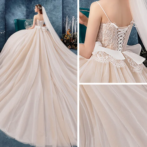 Chic / Beautiful Champagne Wedding Dresses 2019 Ball Gown Spaghetti Straps Sleeveless Backless Glitter Tulle Appliques Lace Chapel Train Ruffle