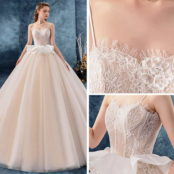 Chic / Beautiful Champagne Wedding Dresses 2019 Ball Gown Spaghetti Straps Sleeveless Backless Glitter Tulle Appliques Lace Chapel Train Ruffle