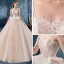 Chic / Beautiful Champagne Wedding Dresses 2019 Ball Gown Spaghetti Straps Sleeveless Backless Glitter Tulle Appliques Lace Chapel Train Ruffle