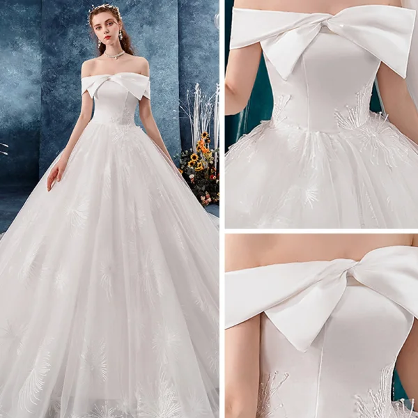 Schöne Ivory / Creme Brautkleider / Hochzeitskleider 2019 A Linie Off Shoulder Schleife Kurze Ärmel Rückenfreies Applikationen Spitze Kathedrale Schleppe Rüschen