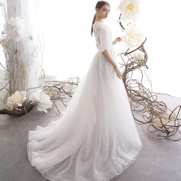 Illusion Ivory See Through Outdoor Garden Wedding Dresses 2019 A Line Princess Square Neckline 1 2 Sleeves Backless Appliques Lace Beading Sweep Train Ruffle