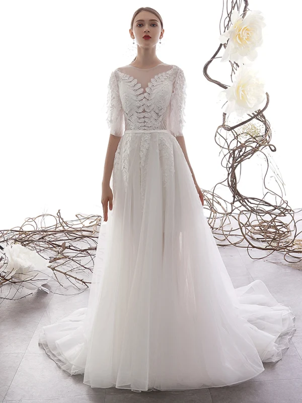 Illusion Ivory / Creme Durchsichtige Garten / Im Freien Brautkleider / Hochzeitskleider 2019 A Linie Eckiger Ausschnitt 1/2 Ärmel Rückenfreies Applikationen Spitze Perlenstickerei Sweep / Pinsel Zug Rüschen