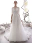 Illusion Ivory / Creme Durchsichtige Garten / Im Freien Brautkleider / Hochzeitskleider 2019 A Linie Eckiger Ausschnitt 1/2 Ärmel Rückenfreies Applikationen Spitze Perlenstickerei Sweep / Pinsel Zug Rüschen