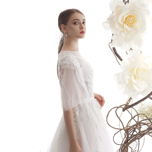 Illusion Ivory / Creme Durchsichtige Garten / Im Freien Brautkleider / Hochzeitskleider 2019 A Linie Eckiger Ausschnitt 1/2 Ärmel Rückenfreies Applikationen Spitze Perlenstickerei Sweep / Pinsel Zug Rüschen