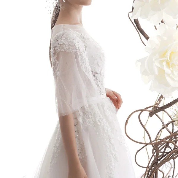 Illusion Ivory / Creme Durchsichtige Garten / Im Freien Brautkleider / Hochzeitskleider 2019 A Linie Eckiger Ausschnitt 1/2 Ärmel Rückenfreies Applikationen Spitze Perlenstickerei Sweep / Pinsel Zug Rüschen