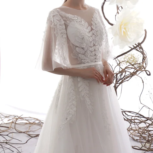Illusion Ivory / Creme Durchsichtige Garten / Im Freien Brautkleider / Hochzeitskleider 2019 A Linie Eckiger Ausschnitt 1/2 Ärmel Rückenfreies Applikationen Spitze Perlenstickerei Sweep / Pinsel Zug Rüschen