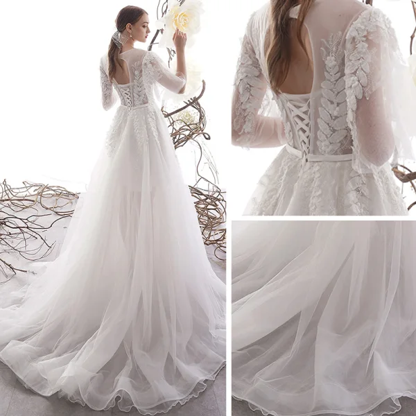Illusion Ivory / Creme Durchsichtige Garten / Im Freien Brautkleider / Hochzeitskleider 2019 A Linie Eckiger Ausschnitt 1/2 Ärmel Rückenfreies Applikationen Spitze Perlenstickerei Sweep / Pinsel Zug Rüschen