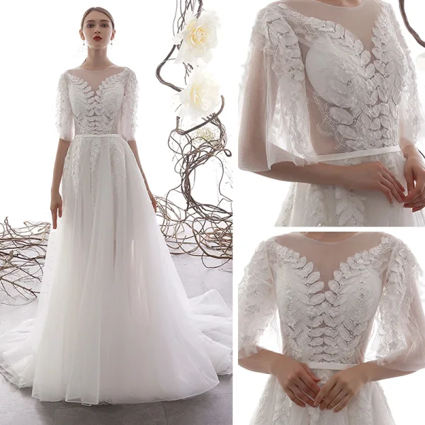Illusion Ivory / Creme Durchsichtige Garten / Im Freien Brautkleider / Hochzeitskleider 2019 A Linie Eckiger Ausschnitt 1/2 Ärmel Rückenfreies Applikationen Spitze Perlenstickerei Sweep / Pinsel Zug Rüschen