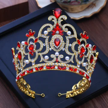 Lyx Guld Tiara Röd Rhinestone Pärla Metall Tillbehör 2019 Brud Huvudbonad