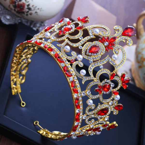 Luxury / Gorgeous Gold Tiara Red Rhinestone Pearl Metal Accessories 2019 Bridal Hair Accessories
